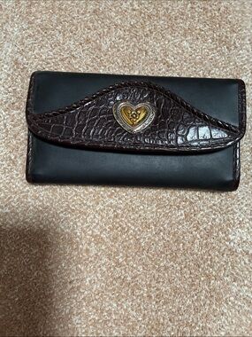 Black and Dark Brown Croc-Trim Wallet with Gold Heart Accent